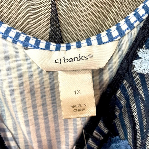 NWT CJ Banks Blue And White Striped Tank Top With Sheer Floral Overlay Sz 1X - Picture 3 of 6